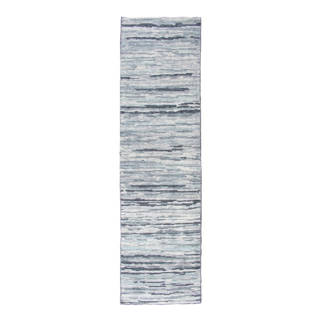 Modern Runner Rug in Soft Gray With Subtle Blue Tones and Linear Pattern For Sale