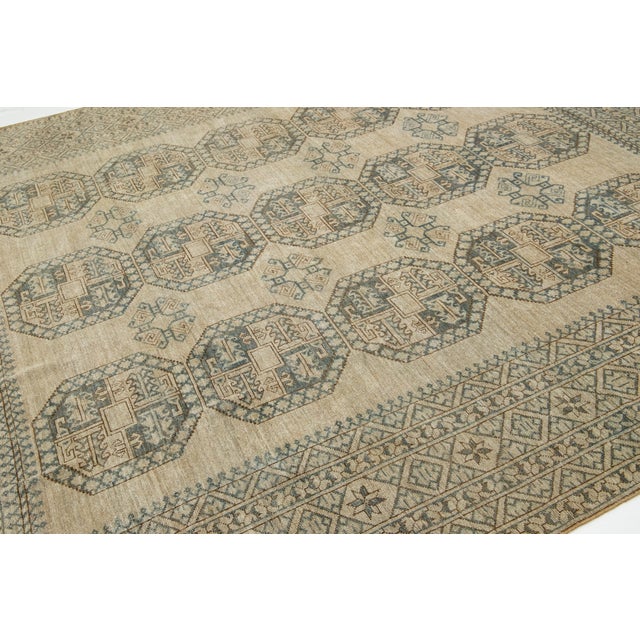9 X 10 Beige Antique Handmade Turkmen Wool Rug With Geometric Pattern For Sale - Image 11 of 11