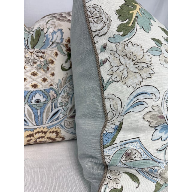 Custom pair of 22" pillows covered in Cowtan & Tout "Savona" in color aqua/dove and backed in a coordinating linen. These...