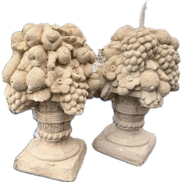 Classical Roman 1960s Pair of Concrete Garden Fruit Baskets/ Statues/Urns/ Pillar Finials For Sale - Image 3 of 9