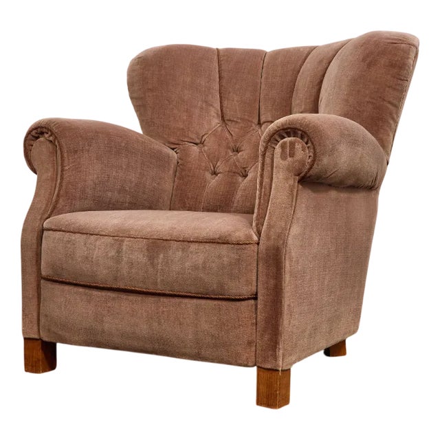 Vintage Danish Model 1518 Lounge Chair in Sand Beige Mohair Velvet from Fritz Hansen, 1940s For Sale