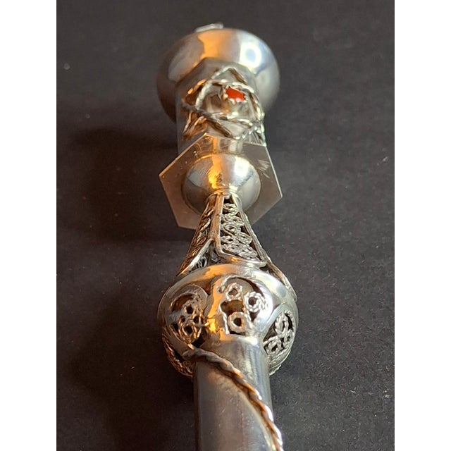Antique 1812 Silver Torah Pointer Yad - 84 Zolotnik - Filigree & Coral Stone For Sale - Image 10 of 18