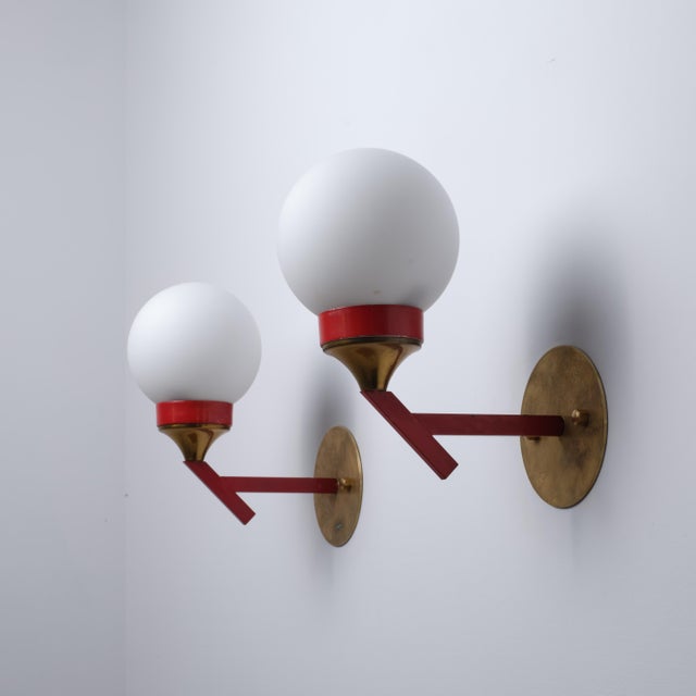 Gold Italian Brass, Red Metal and Opaline Glass Globe Sconces, 1950s, Set of 2 For Sale - Image 8 of 10