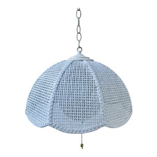 Vintage 1960s Mid-Century Modern White Wicker Swag Hanging Lamp For Sale