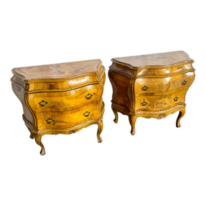 Antique Italian Olive Wood Veneer Bombe Commodes/Nightstands - a Pair