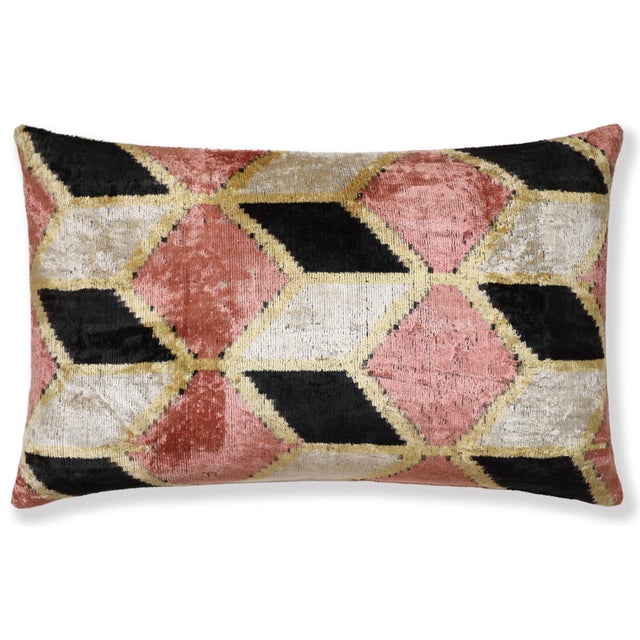 Mid-Century Modern Blush Geometric Silk Velvet Lumbar Pillow 16x24 | Handmade Designer Accent Pillow For Sale - Image 3 of 7