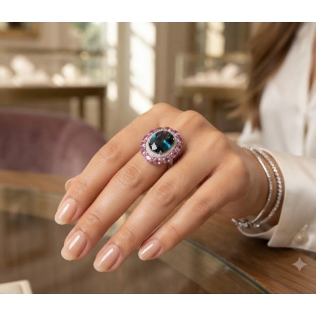 2020s Natural Blue Topaz, Diamond, & Pink Sapphire Ring in 14k Gold For Sale - Image 5 of 8