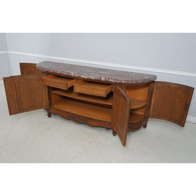 French Maison Gouffe Vintage French Oak 4 Door Marble Top Console For Sale - Image 3 of 18
