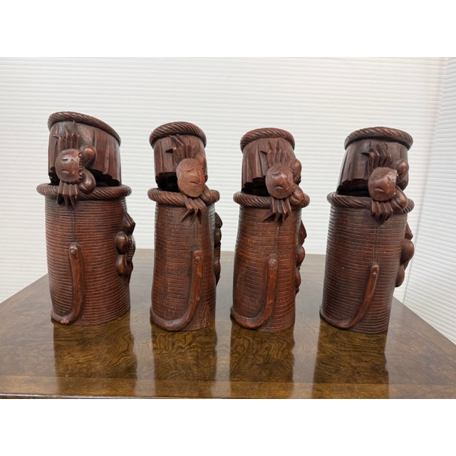 Design Plus Gallery presents a Set of Four Antique Bamboo Hand Carved Basket Crab Decorative Brush Pots from China. These...