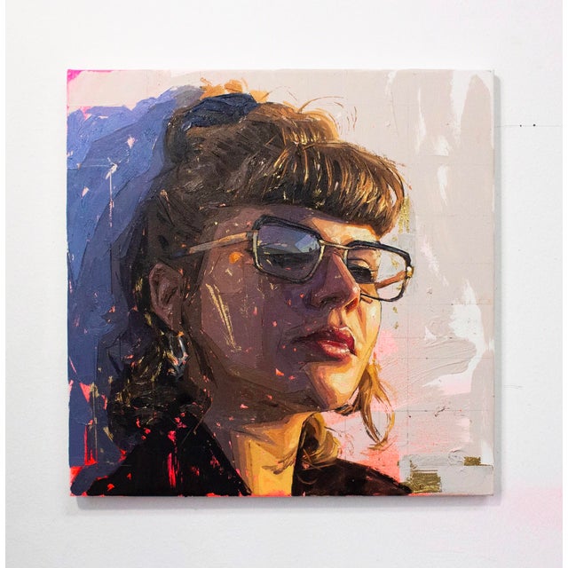 This artwork features a close-up portrait of a woman, characterized by bold brushstrokes and a dynamic interplay of light...