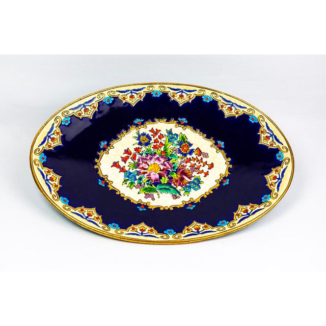 1950s Large Renaissance Oblong Enamel Floral Platter by Maurice-Paul Chevallier for Longwy Manufactory, France, 1960s For Sale - Image 5 of 11