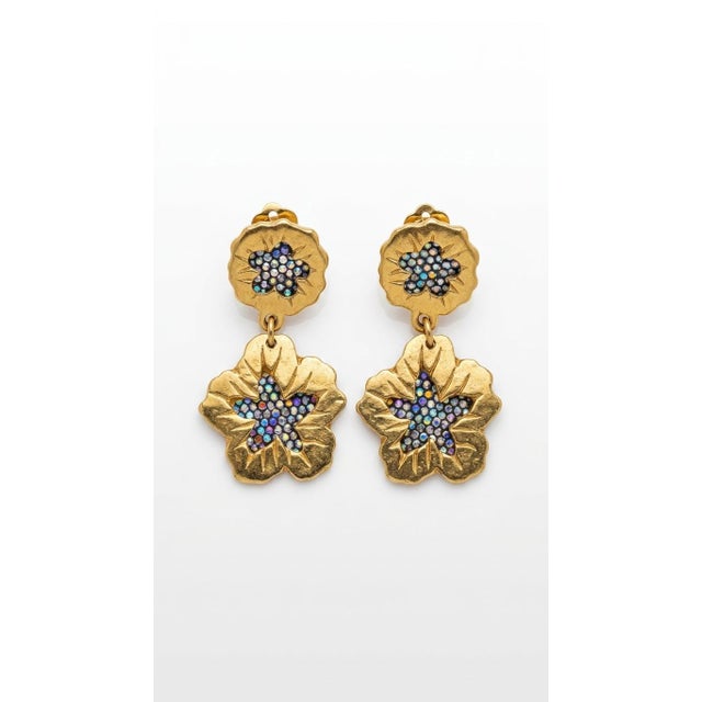 Vintage French Gilded Floral Drop Earrings with Iridescent Pavé Crystals, 1980s, Set of 2 For Sale - Image 3 of 3