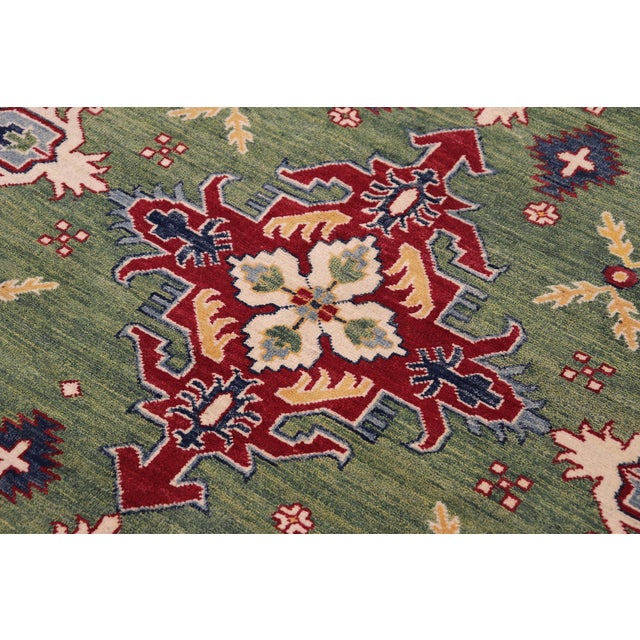 Boho Chic Kazak Light Green/Beige Wool Rug - 8'3''x9'5'' For Sale - Image 4 of 10