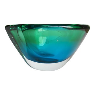C.1970's Italian Hand-Blown Flavio Poli Murano Large & Thick Rimmed Blue & Green With Clear Outer Casing Bowl For Sale