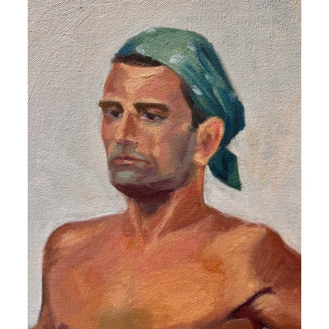 Stunning Vintage 1970 Commissioned Painting Of A Half Nude Male Wearing A Head Bandana While Resting Against A Counter. I...