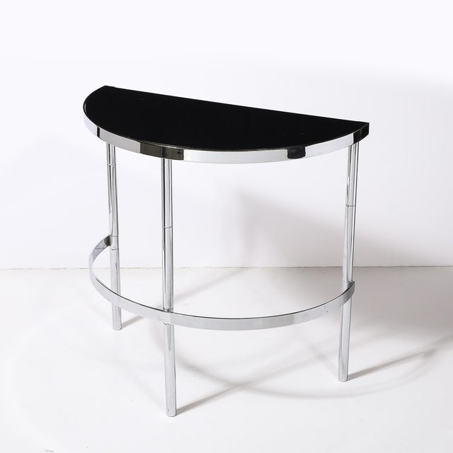 1930s Art Deco Machine Age Demilune Side Table in Polished Chrome & Black Lacquer For Sale - Image 5 of 7