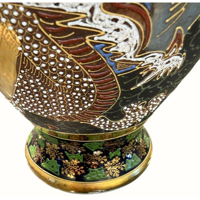 Vintage Japanese Satsuma Moriage Dragon Buddhist Figures Vase 14.5" For Sale - Image 4 of 10