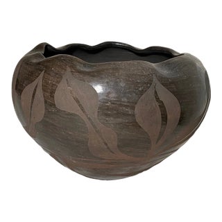 Large Antique Handmade Santa Clara Pueblo Native American Pottery Blackware Bowl For Sale