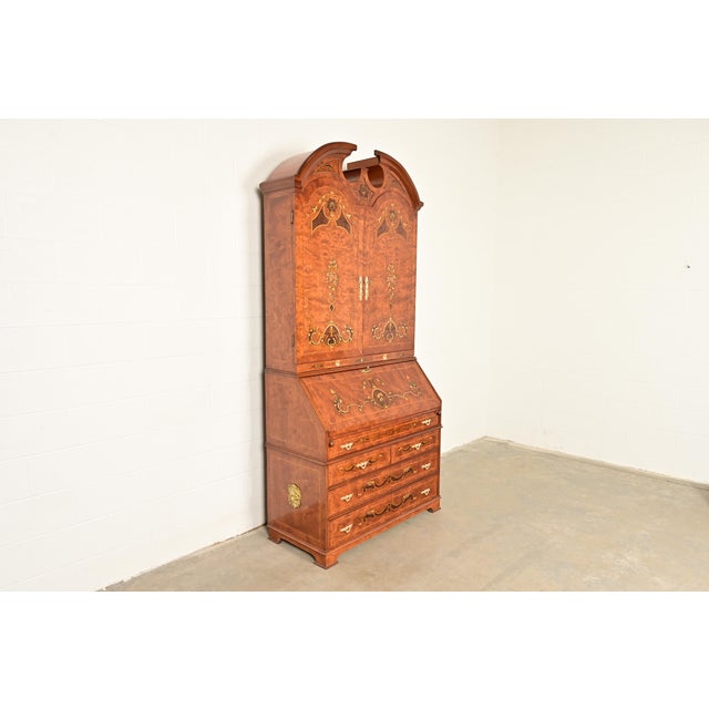 Baker Furniture Company Baker Furniture Style Georgian Burl Wood Inlaid and Hand Painted Drop Front Secretary Desk With Bookcase Hutch Top For Sale - Image 4 of 15