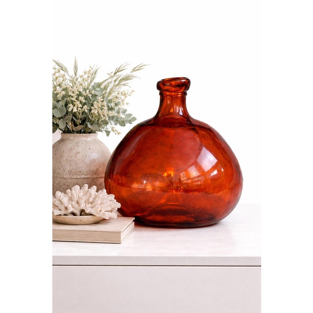 Mediterranean Vintage Spanish Amber Recycled Glass Demijohn Vase – Handcrafted Tangerine Art Glass Vessel For Sale - Image 3 of 7