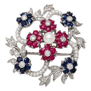 Late 19th Century 18K White Gold Diamond Ruby Sapphire Seed Pearl Brooch Victorian Estate For Sale