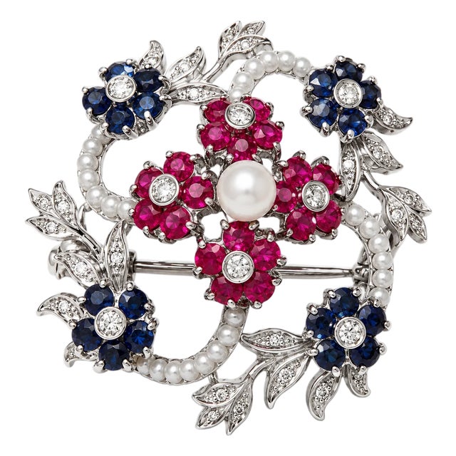Late 19th Century 18K White Gold Diamond Ruby Sapphire Seed Pearl Brooch Victorian Estate For Sale