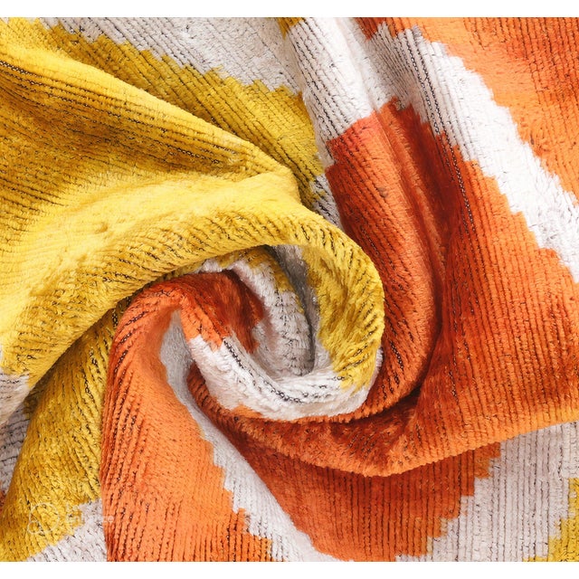 Handmade Fall Silk Velvet Throw Pillow, Orange and Yellow Geometric Design With Down Feather Insert For Sale In San Francisco - Image 6 of 6