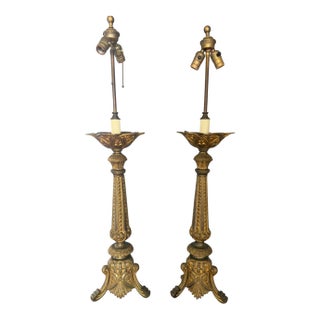 Mid 20th Century Italian Baroque Studded Gilt Brass Buffet Lamps - a Pair For Sale