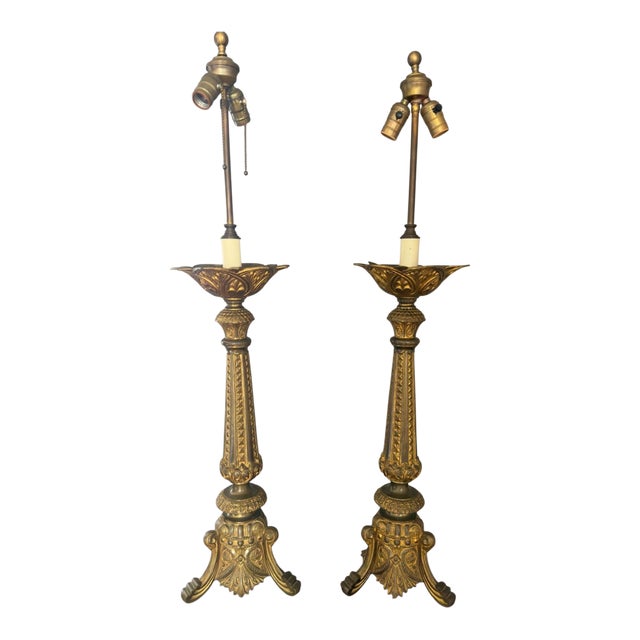 Mid 20th Century Italian Baroque Studded Gilt Brass Buffet Lamps - a Pair For Sale