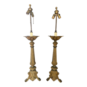 Mid 20th Century Italian Baroque Studded Gilt Brass Buffet Lamps - a Pair