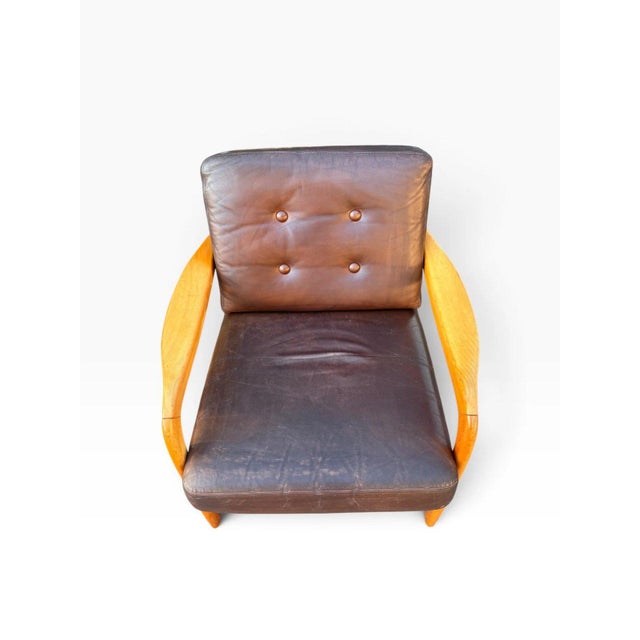 Pair of Danish Modern Leather Lounge Chairs | Sculpted Maple Frames | Brown Leather With Tufted Backs | C. 1960s For Sale - Image 13 of 18