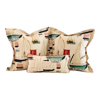 Covington 5th Avenue Designs Black Cream Red Tan Teal McGregor's Sailboat Coastal Nautical Pillow Covers- 3 Pc Set For Sale