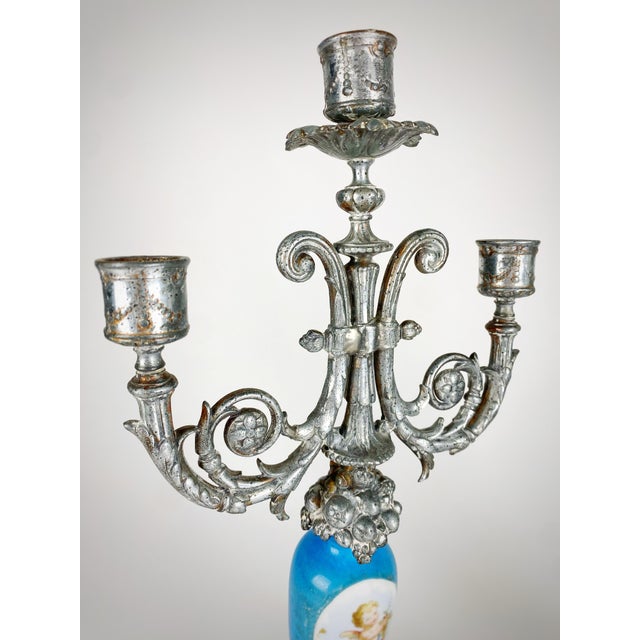 Pair of Antique Signed p.h. Mourey French Victorian Silvered Metal & Sèvres Style Porcelain Three-Light Candelabras For Sale - Image 4 of 12