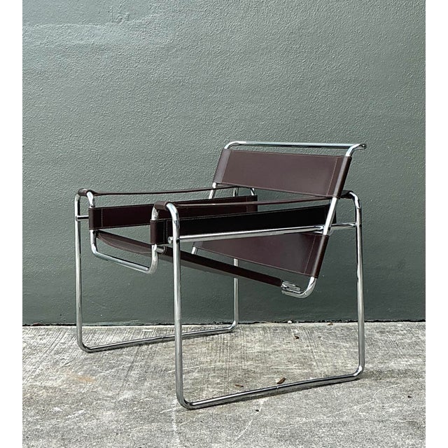 Mid-Century Modern Vintage Chrome and Leather Lounge Chair After Wassily For Sale - Image 3 of 12