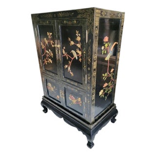 Vintage Chinoiserie Black Lacquered Large 4 Door Soapstone Decorative Storage Cabinet For Sale