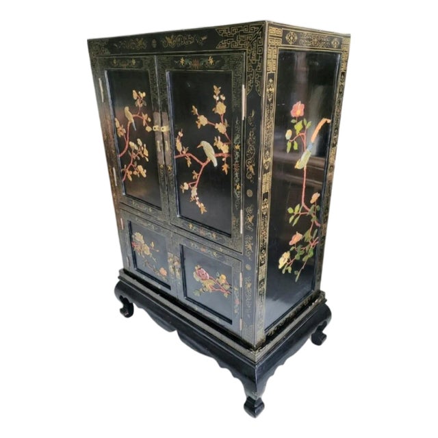 Vintage Chinoiserie Black Lacquered Large 4 Door Soapstone Decorative Storage Cabinet For Sale