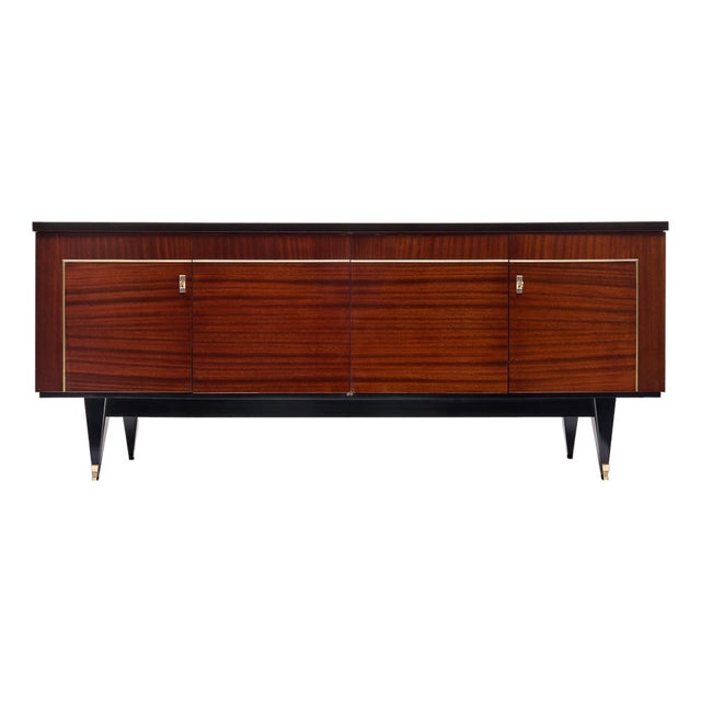 French Period Mid-Century Modern Buffet, Rosewood and Brass, Circa 1950 For Sale