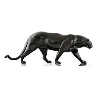 Rulas, Art Deco Sculpture of a Walking Panther, 1930, Metal on Marble Base For Sale