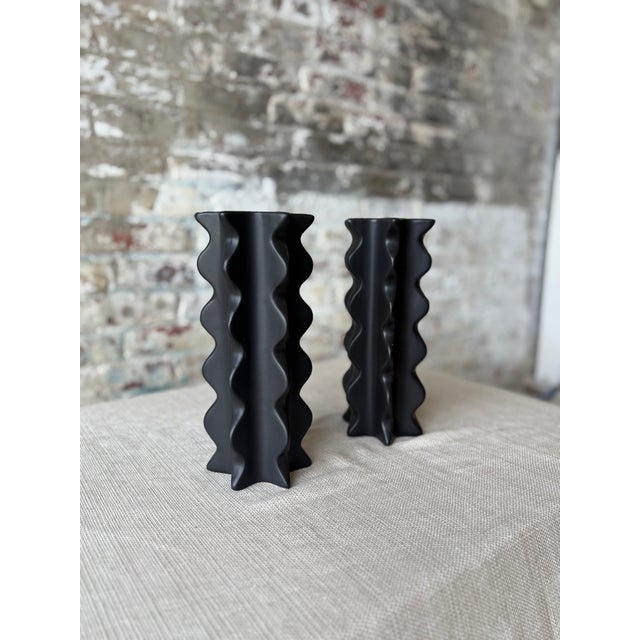 Make a statement with this striking pair of sculptural bud vases featuring a bold matte black finish and dramatic wavy...
