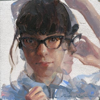 Little Boss by Jane Radstrom | Oil on silver leaf panel Portrait of a young woman with glasses. For Sale