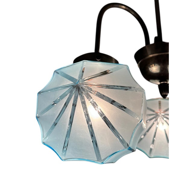 Art Deco 3-Armed Chandelier with Blue Glass Shades, Europe, 1930s For Sale - Image 9 of 11