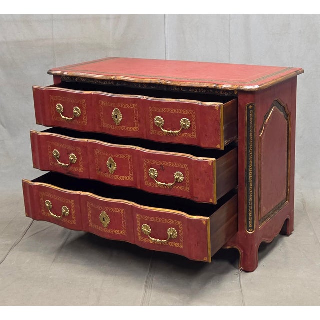 Baroque Vintage Theodore Alexander Red Leather Wrapped Serpentine Chest of Drawers For Sale - Image 3 of 13