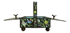 Antique Chinese Cloisonné Enamel 'Opening' Brass Ashtray With Flowers & Horses