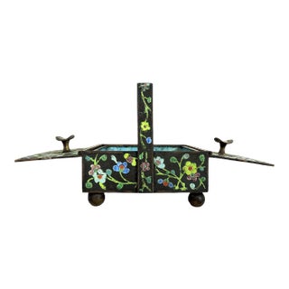 Antique Chinese Green and Blue Cloisonné Enamel 'Opening' Brass Ashtray With Flowers & Horses For Sale