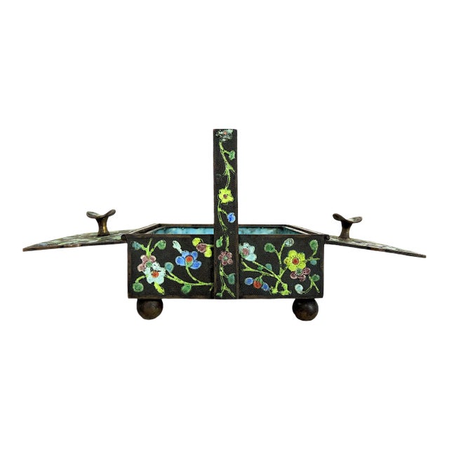 Antique Chinese Green and Blue Cloisonné Enamel 'Opening' Brass Ashtray With Flowers & Horses For Sale