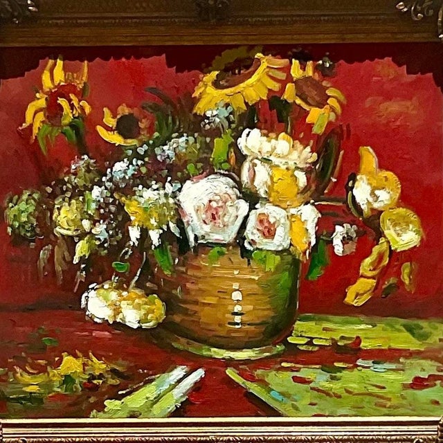 Textile Vintage Regency Signed Floral Original Oil Painting on Canvas For Sale - Image 7 of 13