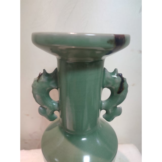 Chinese Ceramic Vase Longquan Ware Celadon Vase Hand Carved Double Dragon Ears For Sale In Seattle - Image 6 of 11
