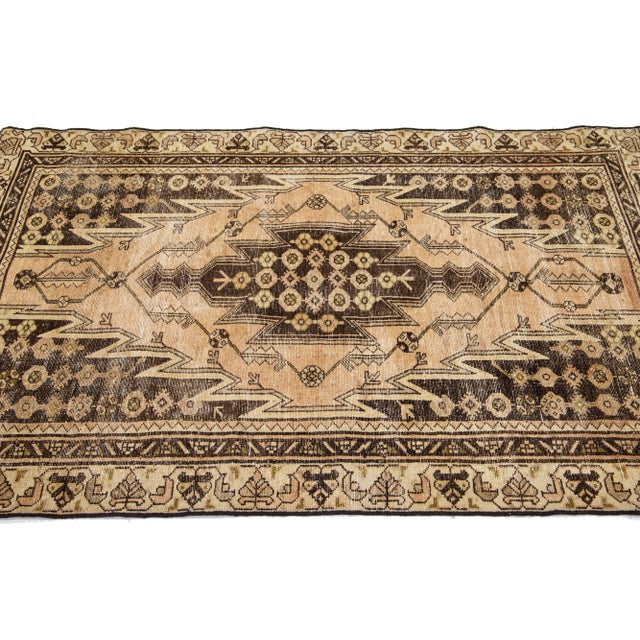 1960s Vintage Medallion Persian Distressed Wool Rug in Tan Color For Sale - Image 4 of 6
