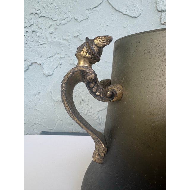 Metal Egyptian Revival Style Winged Lyre Metal Cachepot or Jardinière Cover With Figural Handles, C. 1920s For Sale - Image 7 of 12