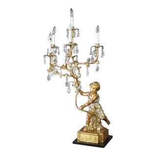Mid 20th Century Figural Cherub Putti Giltwood Candelabra Table Lamp With Prisms For Sale